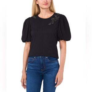 NWT CeCe Knit Crepe Floral Embellishment Puff Sleeve Top